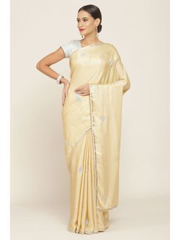 Soch - Women Beige Crepe Embroidery Saree with Unstitched Blouse