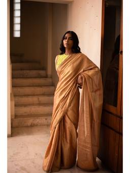 PRIYANKA RAAJIV - Haimi Gold Silk Tissue Chanderi Saree with Unstitched Blouse