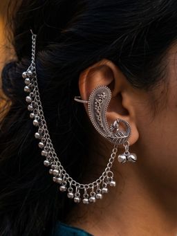 NUI - Oxidised Silver Plated Traditional Earcuff with Earchain For Women And Girls