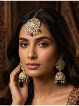 NUI - Gold Plated Pearl Kundan Earrings with Maang Tikka for Women