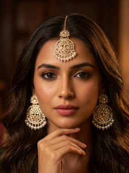 NUI - Gold Plated Pearl Kundan Earrings with Maang Tikka for Women