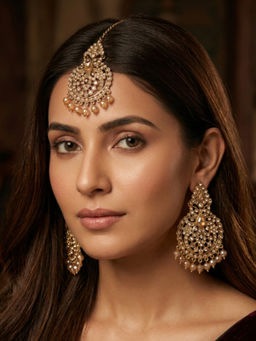 NUI - Gold Plated Pearl Kundan Earrings with Maang Tikka for Women