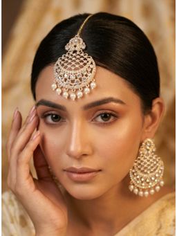 NUI - Gold Plated Pearl Kundan Earrings with Maang Tikka for Women