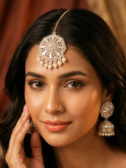 NUI - Gold Plated Pearl Kundan Earrings with Maang Tikka for Women