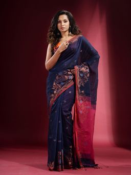 CHARUKRITI - Navy Blue with Zari Design and Contrast Pallu Saree with Unstitched Blouse