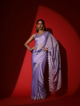 Tikhi Imli - Lavender Colored Floral Hand Printed Saree with Scalloped Border with Unstitched Blouse