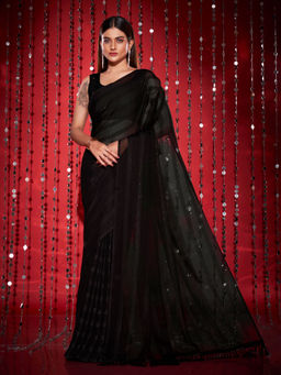 Tikhi Imli - Black Colored Striped Saree with Embellished with Unstitched Blouse