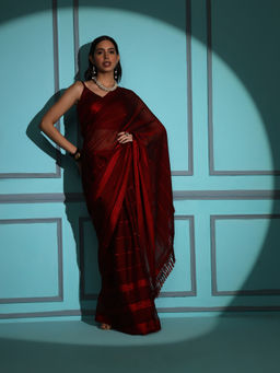 Tikhi Imli - Maroon Colored Striped Saree with Embroidered with Unstitched Blouse