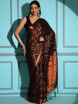 Tikhi Imli - Black Colored Nylon Hand Printed Saree with Unstitched Blouse
