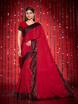 Tikhi Imli - Maroon Colored Satin Saree with Sequin Border with Unstitched Blouse