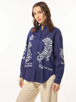 Bewakoof - Women's Blue Spirit Of Tiger Graphic Printed Oversized Shirt