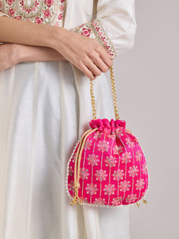 Azai by Nykaa Fashion - Fuchsia Pink Thread Work Embroidered Pearl Handle Potli