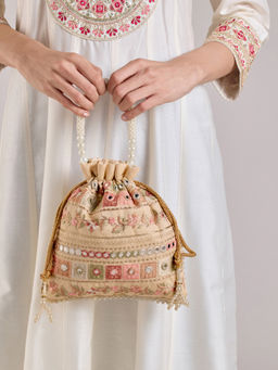 Azai by Nykaa Fashion - Beige Thread And Mirror Work Embroidered Pearl Handle Potli