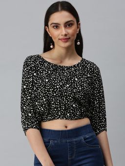 SHOWOFF - Women Round Neck Three Fourth Sleeves Polka Dot Black Crop Top