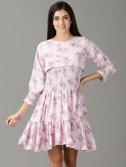 SHOWOFF - Womens Printed Boat Neck Pink Mini Dress