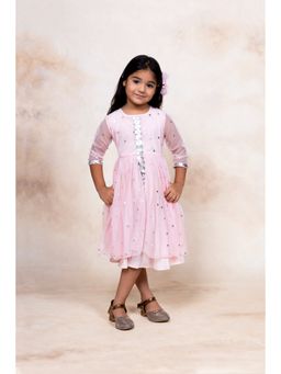 Ahalyaa Kids - Pink Net & Crepe Silver Foil Print Girl's Kurta