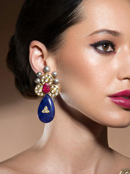 Joules By Radhika - Blissful Kundan Polki Earrings With Carved Hydro Rubies & Shell Pearls