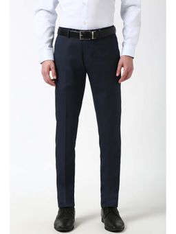 Peter England - Men Navy Blue Textured Formal Trouser