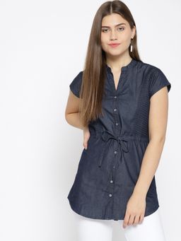 Xpose - Women Navy Blue Mandarin Collar Denim Pure Cotton Tunic