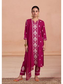 House of Chikankari - Rayon Women's Long Kurta with Pant and Dupatta -Pink