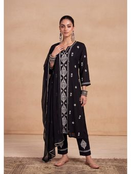 House of Chikankari - Rayon Women's Long Kurta with Pant and Dupatta -Black