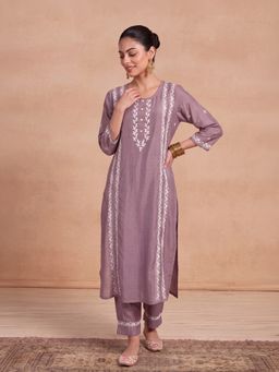 House of Chikankari - Chanderi Women's Long Kurta With Pant - Mauve