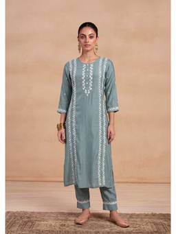 House of Chikankari - Chanderi Women's Long Kurta With Pant - Jade Green