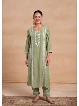 House of Chikankari - Chanderi Women's Long Kurta With Pant - Light Green