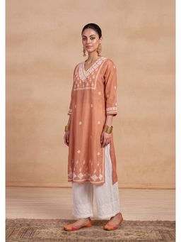 House of Chikankari - Women's Chanderi Long Kurta - Rust