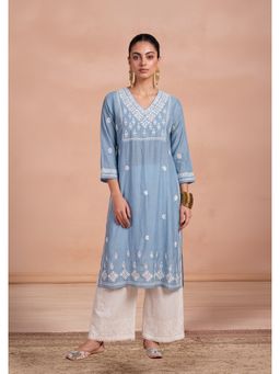 House of Chikankari - Women's Chanderi Long Kurta - Blue