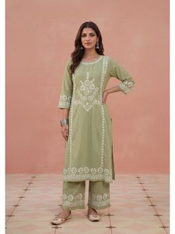 House of Chikankari - Rizwana Chikankari Straight Kurta With Palazzo - Light Green