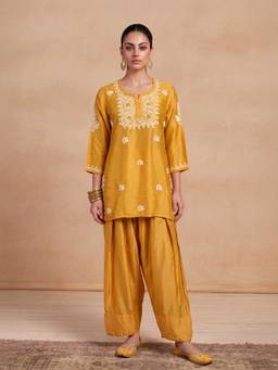 House of Chikankari - Women Mustard Chanderi Chikankari Farshi Kurti With Salwar