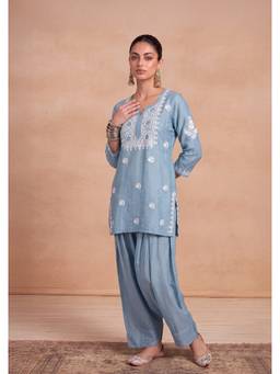 House of Chikankari - Women Sky Blue Chanderi Chikankari Farshi Kurti With Salwar