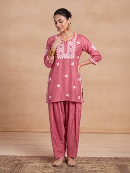 House of Chikankari - Women Pink Chanderi Chikankari Farshi Kurti With Salwar