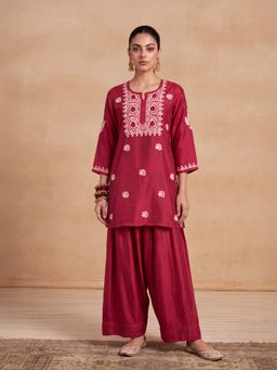 House of Chikankari - Women Red Chanderi Chikankari Farshi Kurti With Salwar