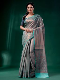CHARUKRITI - Blue Blended Silk Brocade Handwoven Soft Saree with Unstitched Blouse
