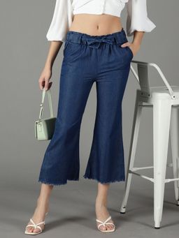 SHOWOFFFF - Women's High-rise Navy Blue Solid Straight Fit Regular Trousers (Set of 2)