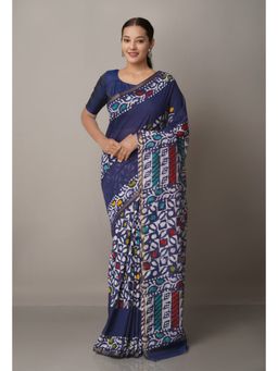 Unnati Silks - Navy Blue Batik Sico Saree with Unstitched Blouse