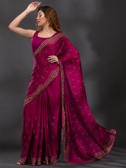 Koskii - Wine Swarovski Satin Saree with Unstitched Blouse