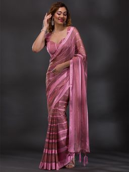 Koskii - Onion Pink Swarovski Shimmer Georgette Saree with Unstitched Blouse