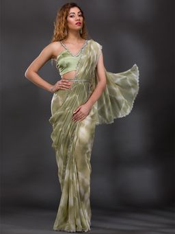 Koskii - Pista Green Silver Stonework Shimmer Georgette Saree with Unstitched Blouse