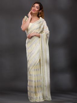 Koskii - Lemon Yellow Mirrorwork Shimmer Georgette Saree with Unstitched Blouse