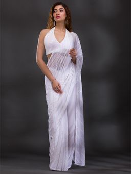 Koskii - White Swarovski Georgette Saree with Unstitched Blouse