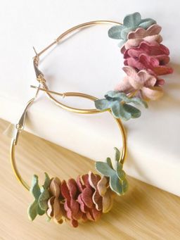 Fabula - Gold Tone Red & Green Floral Hoop Drop Earrings