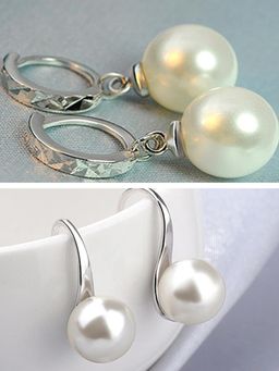 Fabula - Silver Plated White Pearl Delicate Drop Earrings (Combo of 2)