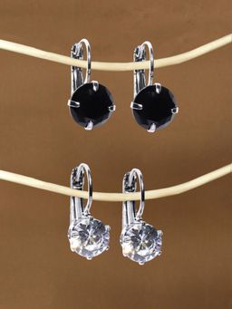 Fabula - Silver Plated Solitaire Black & White Zirconia Earrings (Combo of 2)