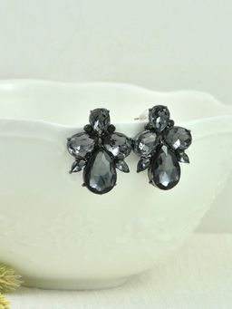 Fabula - Black Floral Crystal Large Fashion Ear Stud Earrings