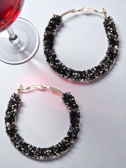 Fabula - Black Beads Studded Half Hoop Drop Earrings