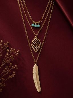 Fabula - Gold Tone Feather Multi Layered Fashion Necklace