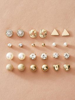 Fabula - Gold Tone Crystal & Pearl Stud Earring (Pack of 12)